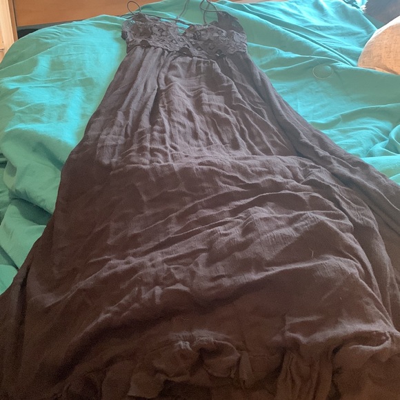 FREE PEOPLE long black dress beautiful lace top and ruffle hem scandalous!! - Picture 2 of 5